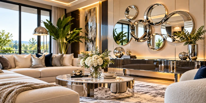 Modern chrome wall decor design ideas for luxe rooms featuring sculptural chrome mirrors, metallic accents, warm lighting, a cream sectional sofa, and an elegant contemporary interior.