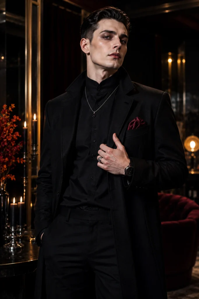 A contemporary classic vampire Halloween outfit for men with a black tailored coat, a burgundy shirt, pale makeup, and modern dark styling.