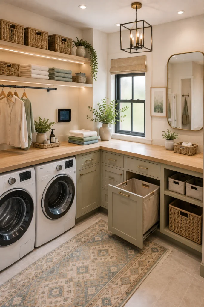Modern corner laundry room folding station with L-shaped oak countertop, sage cabinetry, woven baskets, mirror, and contemporary lighting.
