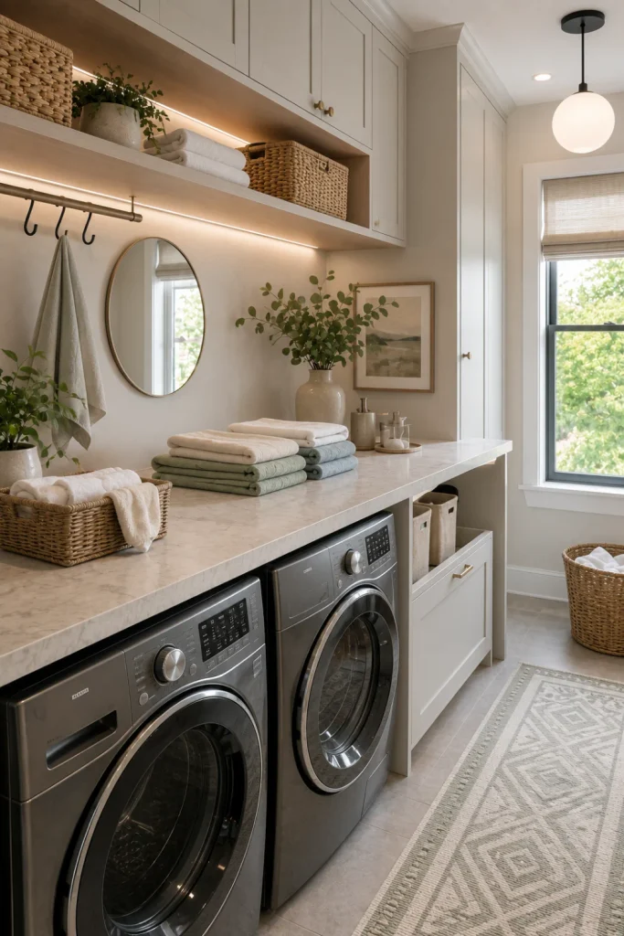 A contemporary countertop laundry folding station above a front-loading washer and dryer with neutral cabinets, baskets, and warm modern lighting.