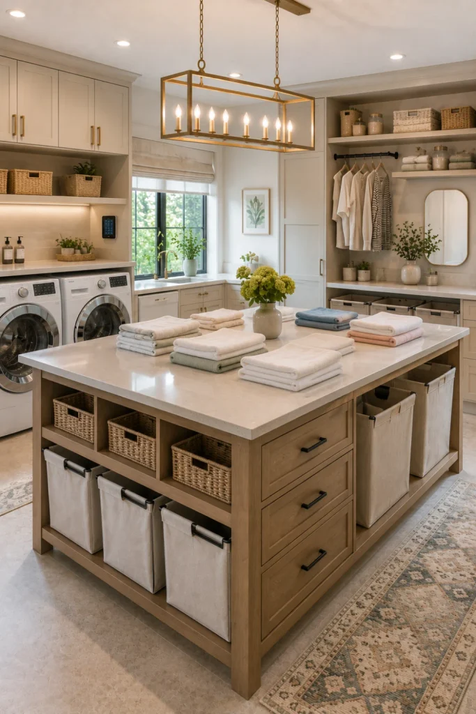 Spacious modern double-sided laundry room folding station with two work surfaces, organized storage, natural wood details, and elegant 2026 lighting.