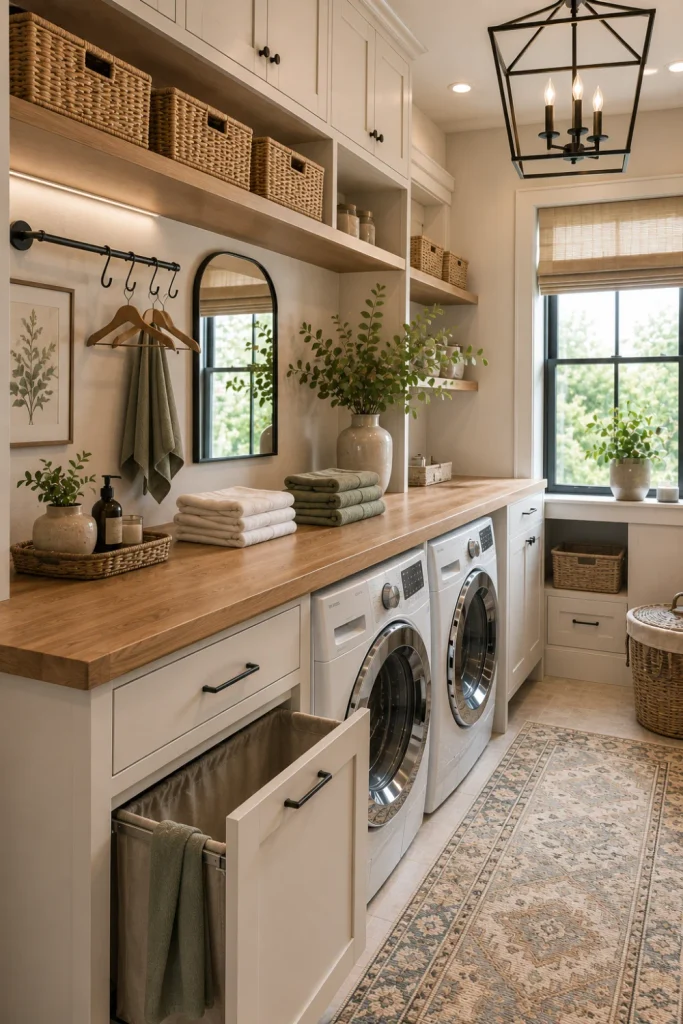 Farmhouse-modern laundry room folding station with natural wood countertop, shaker cabinets, woven baskets, sage accents, and elegant contemporary lighting.