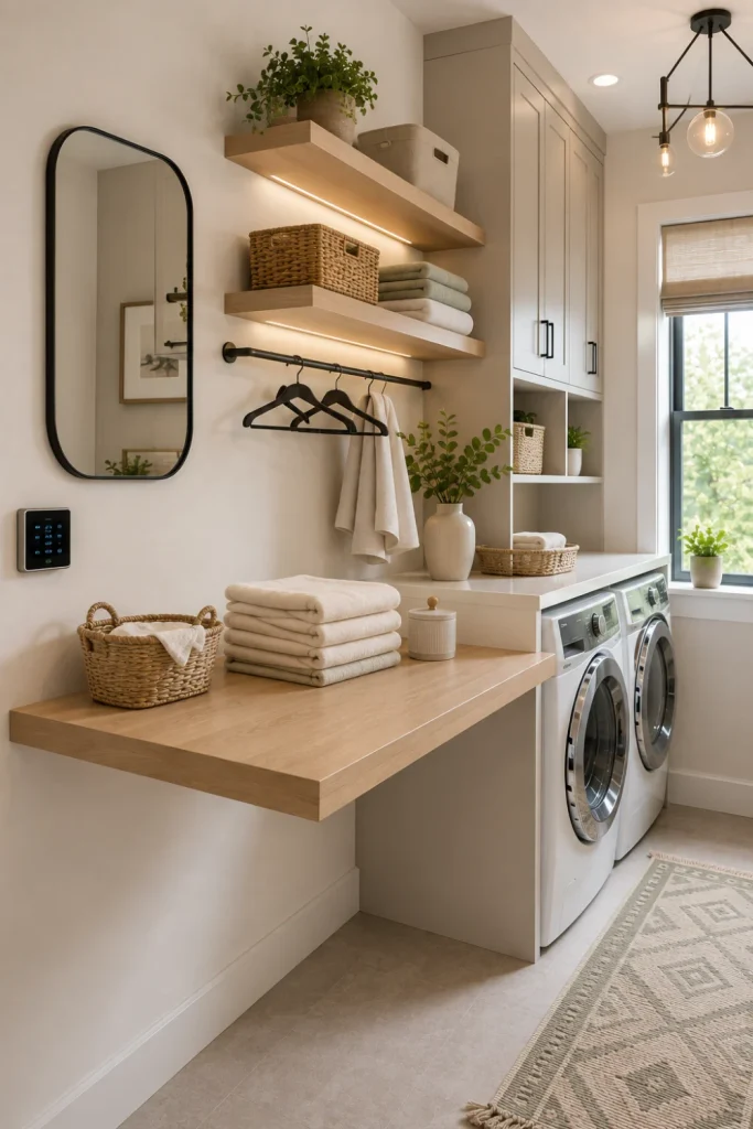 Modern floating folding shelf laundry station with light oak shelf, sage accents, woven baskets, and minimalist 2026 decor.
