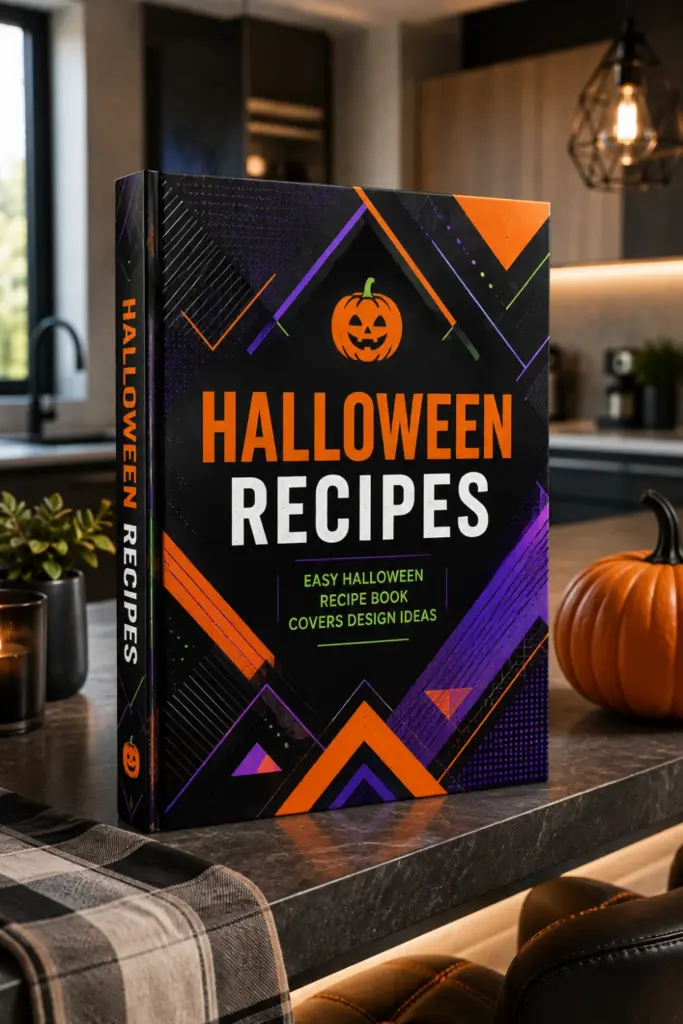 Modern geometric Halloween recipe book cover with neon orange triangles, chevrons, and bold black contemporary graphics.
