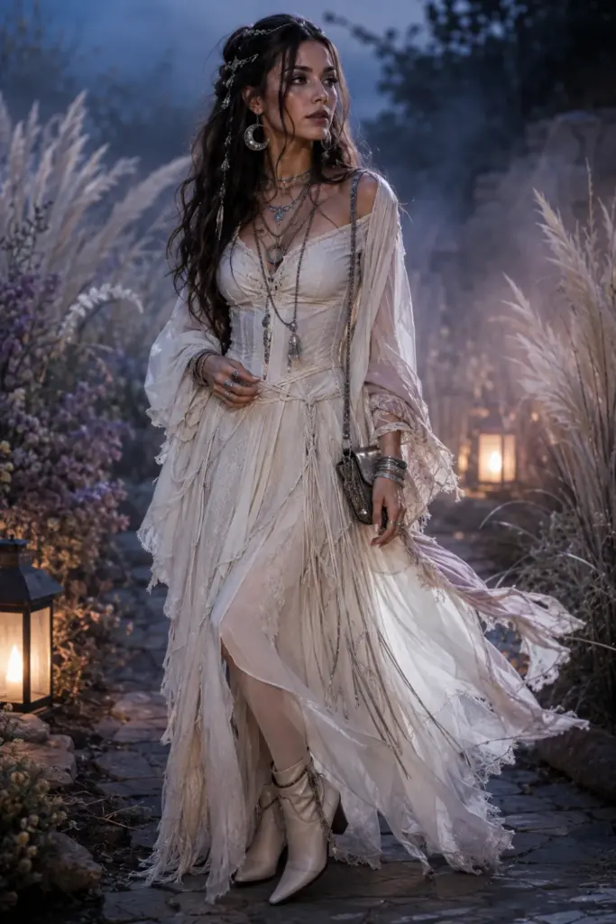 Modern Bohemian Banshee Halloween outfit with flowing ivory fabrics, layered silver jewelry, contemporary boots, and ethereal 2026 styling.