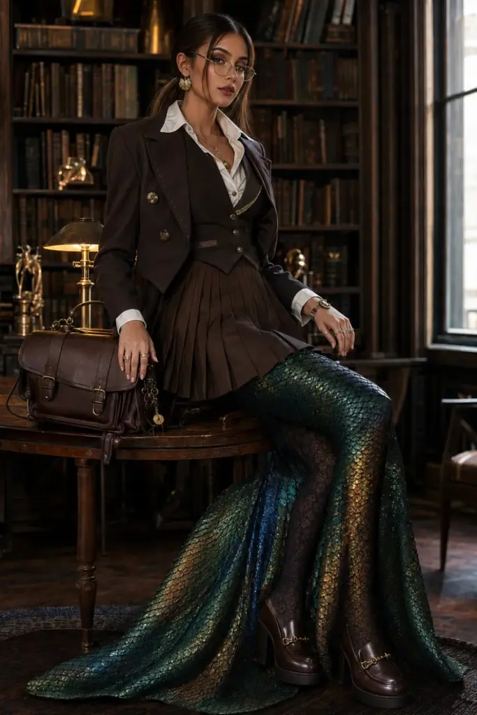Dark Academia Siren Halloween outfit combining tailored library fashion, deep earthy colors, shimmering scale details, and a modern mermaid-inspired tail.