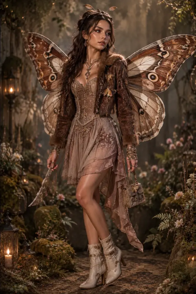 A modern Halloween aesthetic moth fairy outfit with dusty brown layers, fuzzy textures, oversized wings, delicate antennae, and contemporary 2026 fashion.