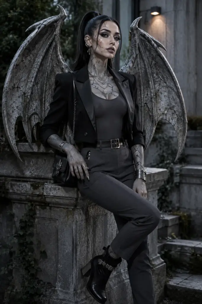 Modern Garden Statue Gargoyle Halloween outfit with stone-grey body makeup, sculptural wings, gothic fashion, and contemporary 2026 styling.