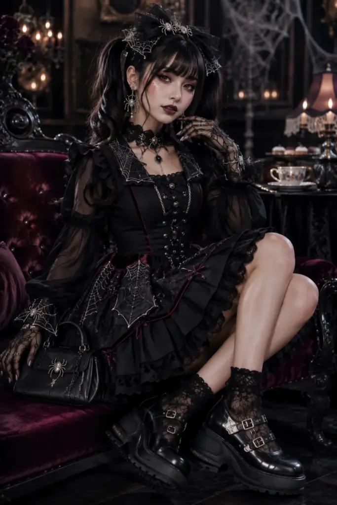 Modern Gothic Lolita Spider Halloween outfit with a black frilly dress, delicate spiderweb details, platform shoes, and contemporary 2026 accessories.