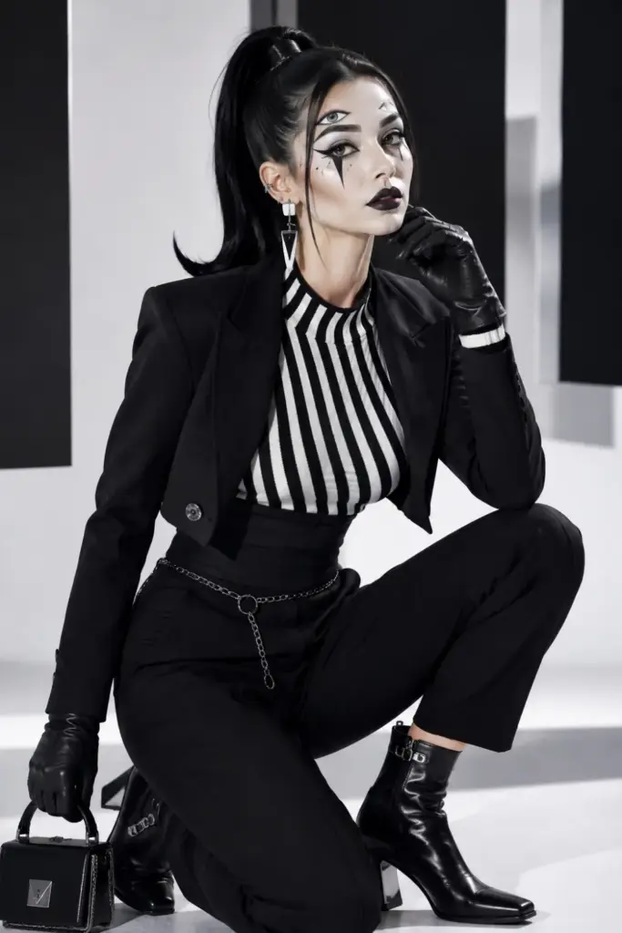 Modern Mime of the Void Halloween look with monochrome fashion, illusion makeup, sleek black accessories, and contemporary 2026 styling.