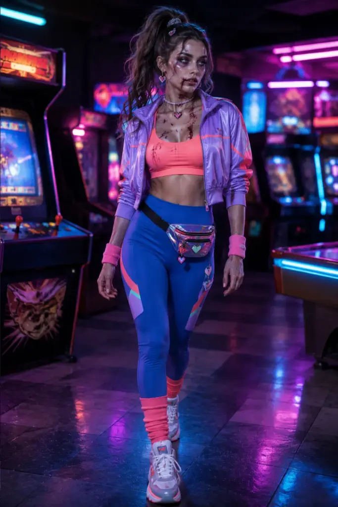 Retro arcade zombie Halloween outfit with modernized 1980s workout fashion, neon colors, sporty accessories, and realistic zombie makeup.