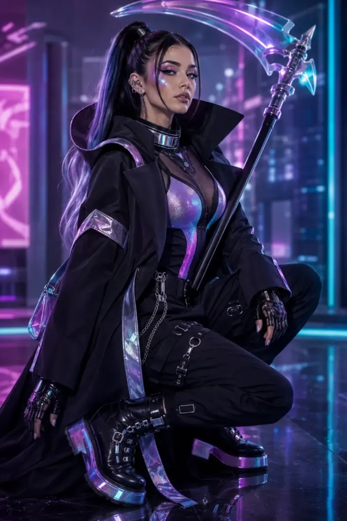 Modern Vaporwave Reaper Halloween outfit with neon gradients, futuristic black fashion, holographic accessories, and a decorative scythe.
