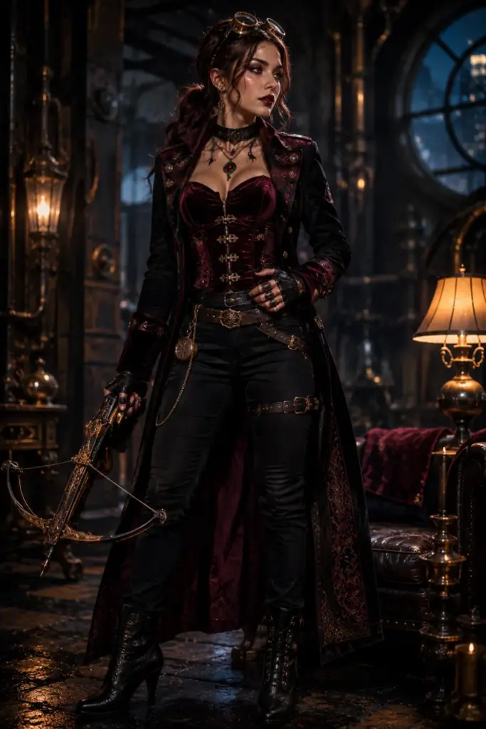 Modern Velvet Vampire Hunter Halloween outfit with Victorian steampunk fashion, rich velvet, leather details, goggles, and dramatic 2026 styling.