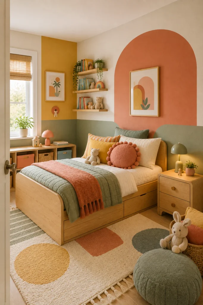 Modern kids' bedroom with color-block walls in sage, butter yellow, and warm ivory; rounded furniture; and contemporary 2026 decor.