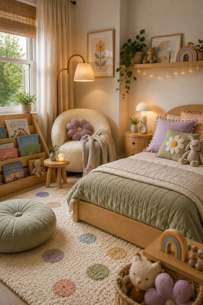 Modern kids' bedroom with cozy reading nook, soft boucle chair, picture-book display, warm lighting, and colorful contemporary decor.