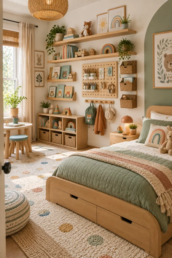 Modern kids' bedroom with creative wall storage, floating shelves, pegboard organization, warm oak furniture, and colorful contemporary accents.