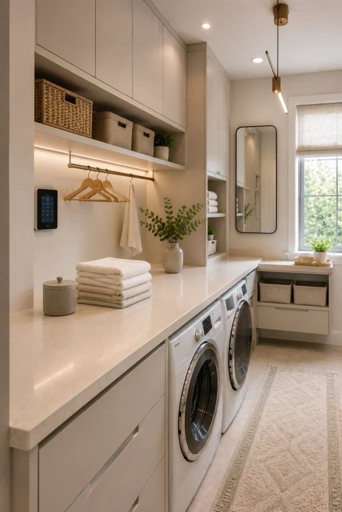 Minimalist modern laundry room folding station with concealed storage, neutral cabinetry, light stone counter, integrated lighting, and clean 2026 styling.