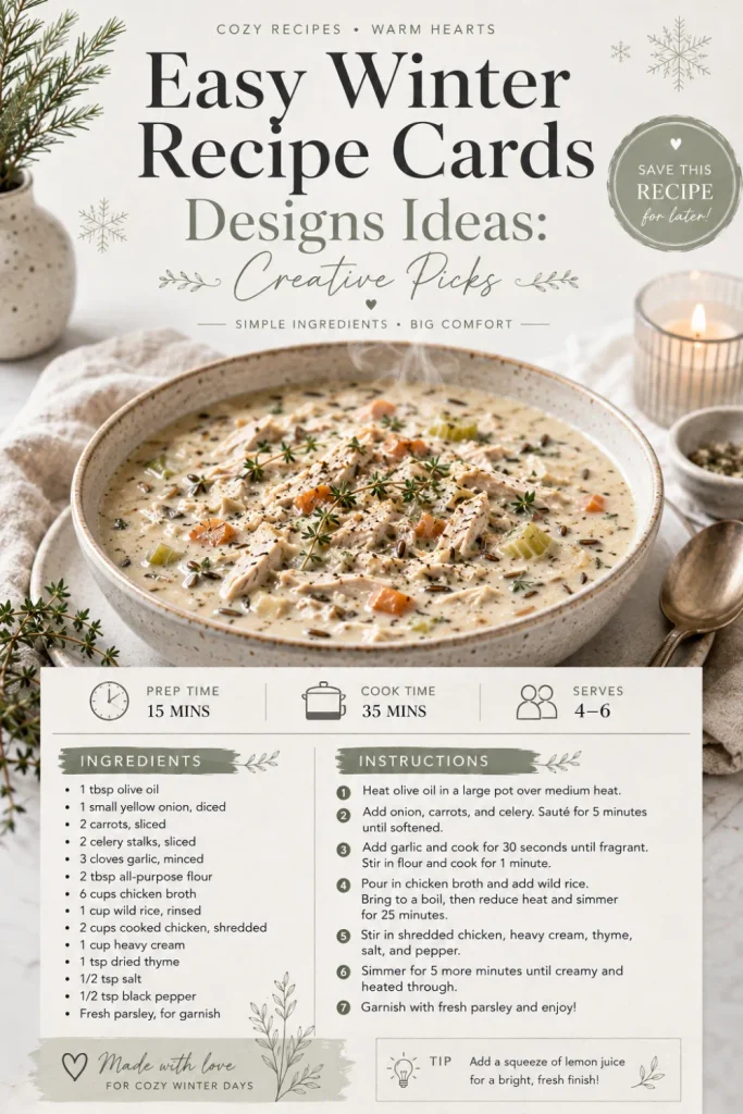 Modern minimalist winter recipe card with neutral colors, clean grid layout, simple icons, and appetizing winter food photography.