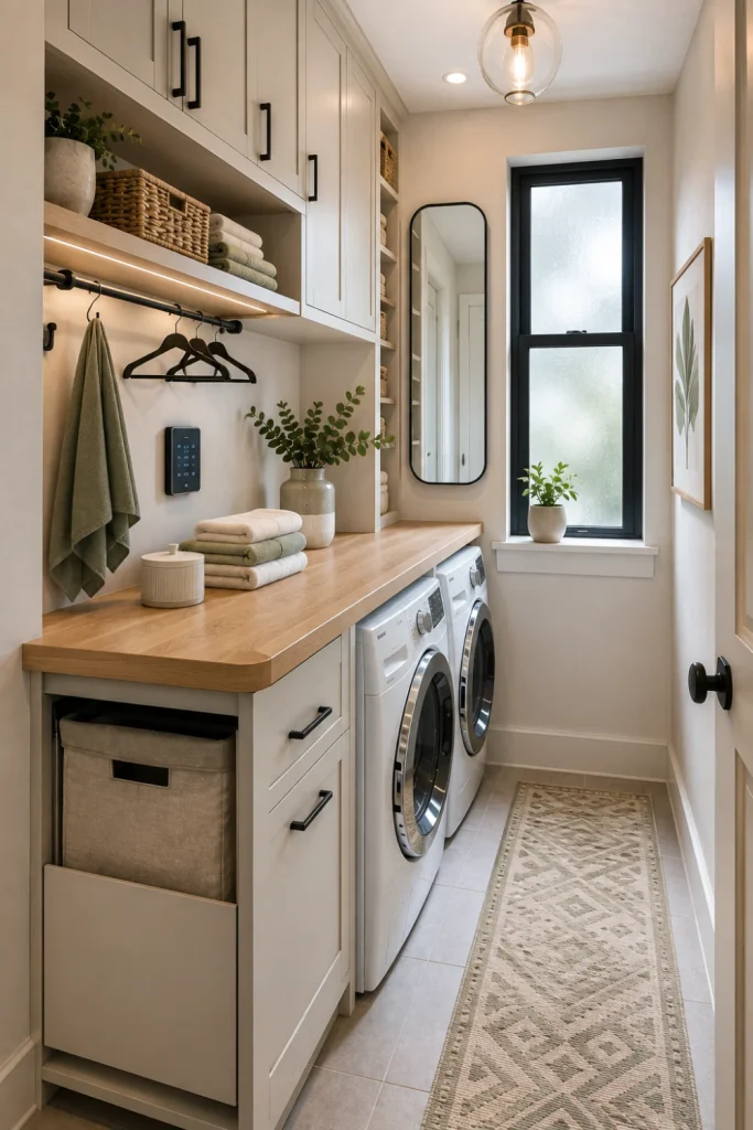 Modern narrow laundry room folding station for a compact space with a slim oak countertop, sage cabinets, woven baskets, and contemporary lighting.