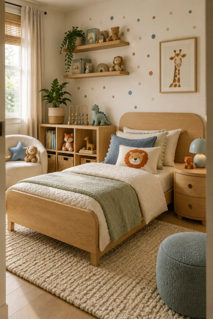Modern neutral kids' bedroom with warm oak furniture, cream bedding, colorful accents, cozy rug, and contemporary 2026 decor.