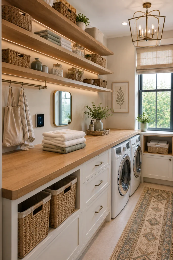 Modern open-shelf laundry room folding station with warm wood counter, woven baskets, coordinated bins, sage accents, and contemporary cabinet lighting.