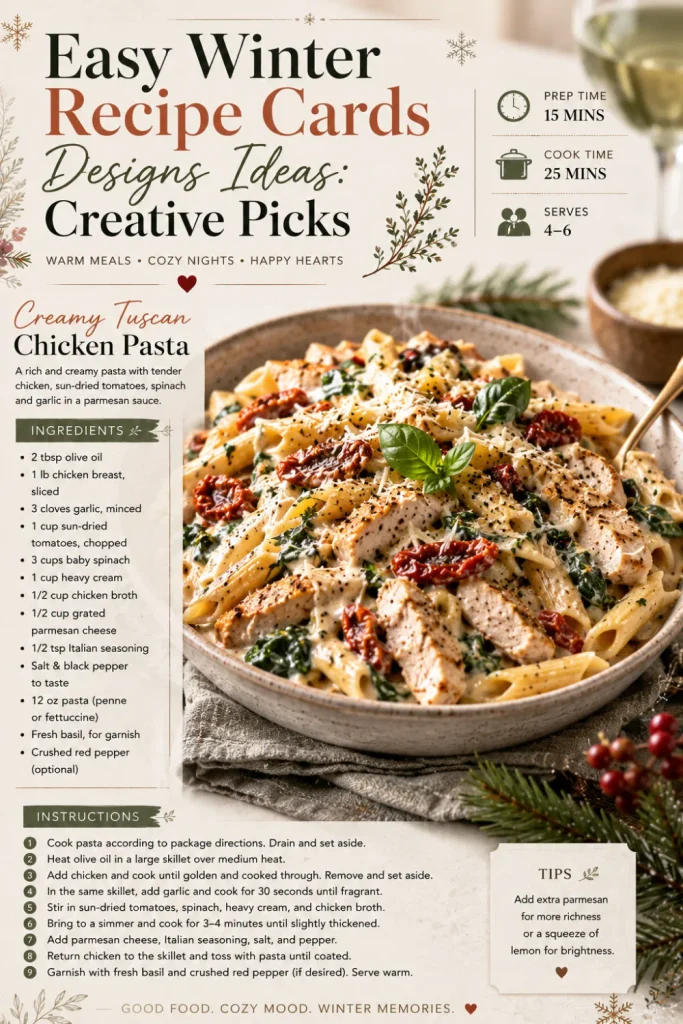 Modern photo-focused winter recipe card with large food photography, sleek typography, clean recipe sections, and contemporary editorial styling.