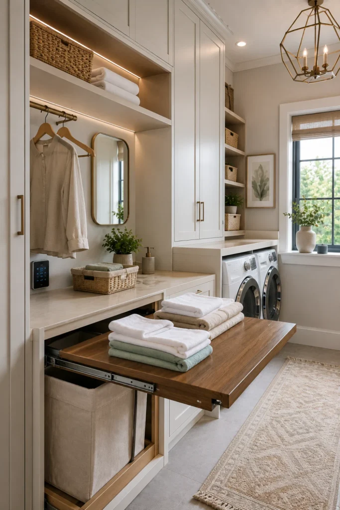 Modern pull-out laundry folding station hidden inside cabinetry with warm wood worktop, elegant storage, and contemporary 2026 lighting.