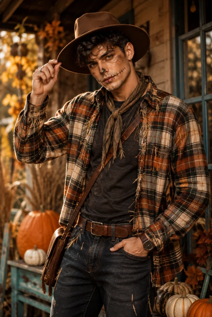 A contemporary scarecrow Halloween outfit for men with a plaid shirt, dark denim, boots, a modern hat, stitched makeup, and stylish autumn accessories.