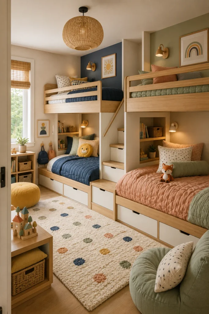 Modern shared kids' bedroom with coordinated bunk beds, individual storage, colorful bedding, warm wood, and contemporary decor.