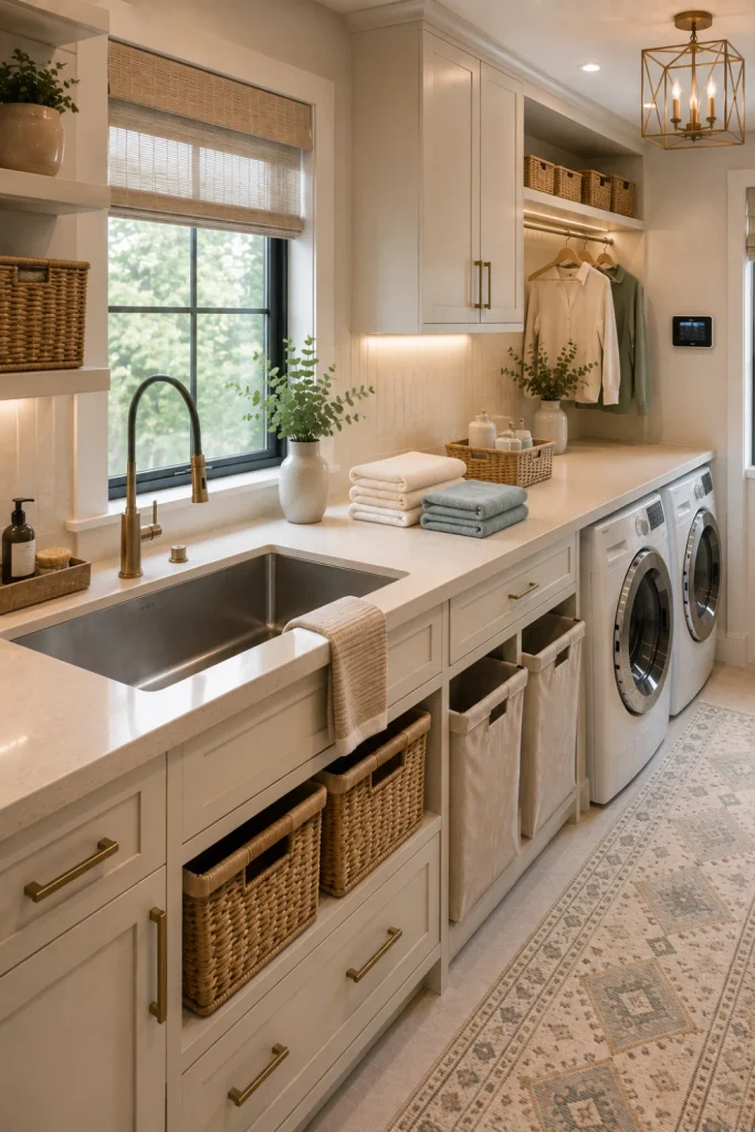 Modern sink-and-folding laundry room station with utility sink, oak folding counter, warm white cabinets, woven baskets, and refined 2026 lighting.