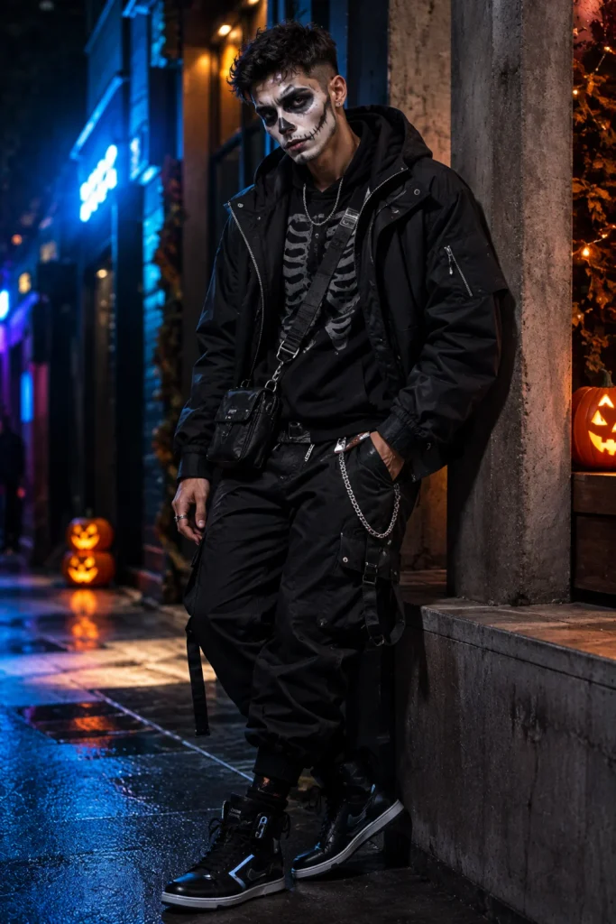A trendy modern skeleton streetwear Halloween outfit for men with black cargo pants, a hoodie, white face details, and fashionable sneakers.