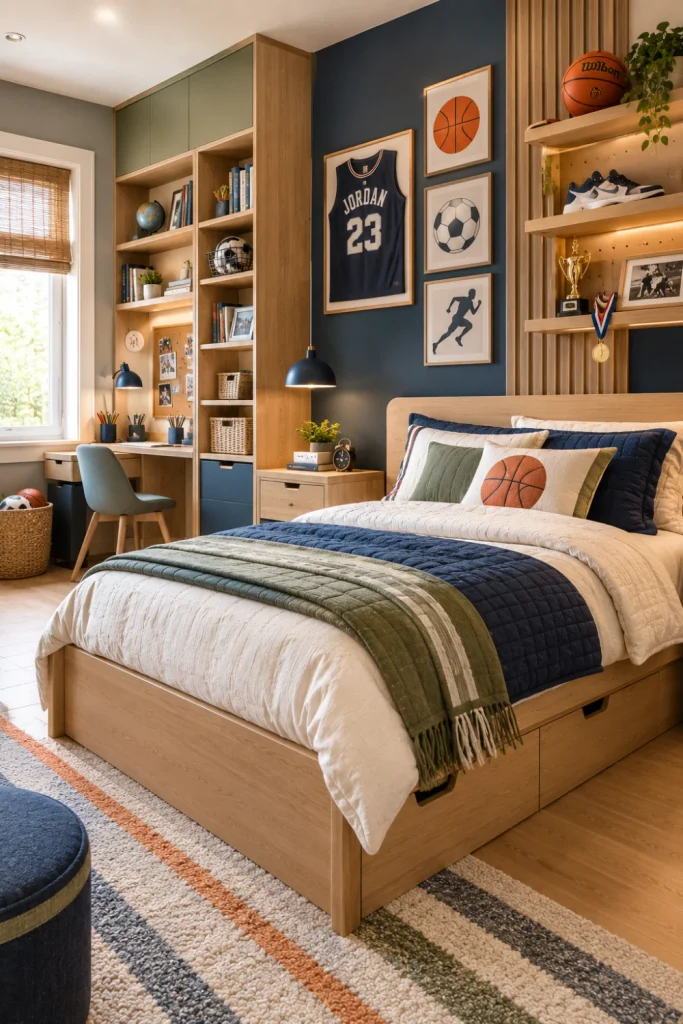 Modern sports-themed kids' bedroom with refined athletic decor, framed memorabilia, navy and sage accents, warm wood furniture, and contemporary styling.