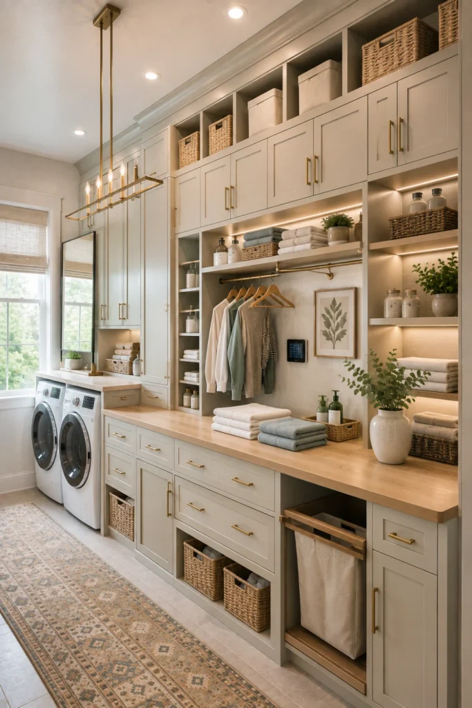 Modern vertical-storage laundry room folding station with tall cabinets, oak counter, hanging rail, woven baskets, sage accents, and integrated LED lighting.