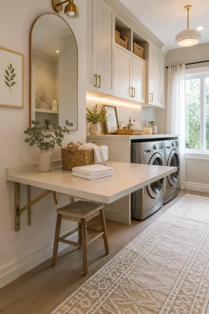 Modern laundry room with a wall-mounted fold-down folding table, warm white cabinetry, light oak accents, woven storage baskets, and contemporary lighting.