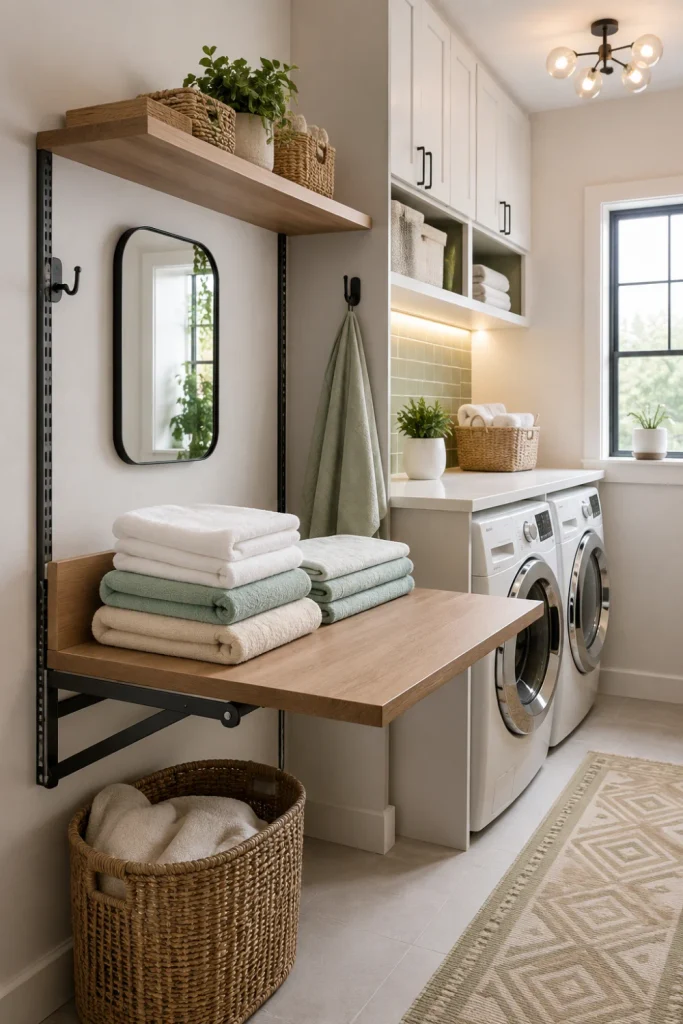 Modern wall-mounted laundry room folding station with a drop-down wood counter, warm white cabinets, woven baskets, and contemporary lighting.