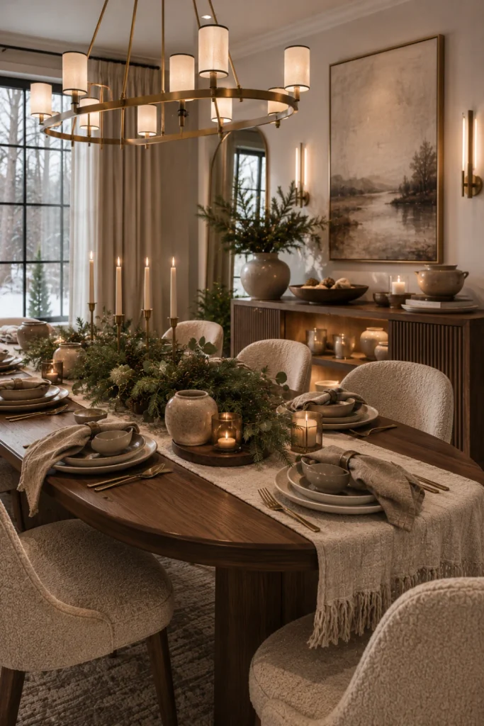 Modern winter dining table with linen, neutral stoneware, pine greenery, candles, wood textures, metallic accents, and contemporary lighting.