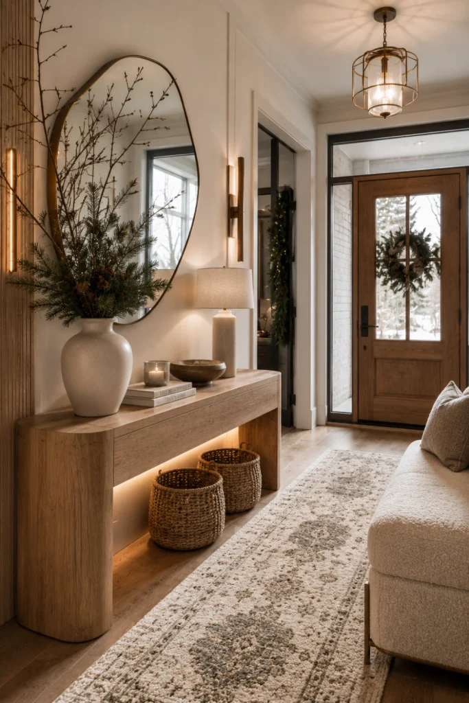 Modern winter entryway with textured runner, sculptural vase, winter branches, woven baskets, mirror, and warm contemporary lighting.