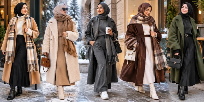 Five Muslim women wearing stylish modest winter outfits with hijabs, long coats, knit layers, scarves, handbags, and winter boots in neutral tones against a snowy urban setting.