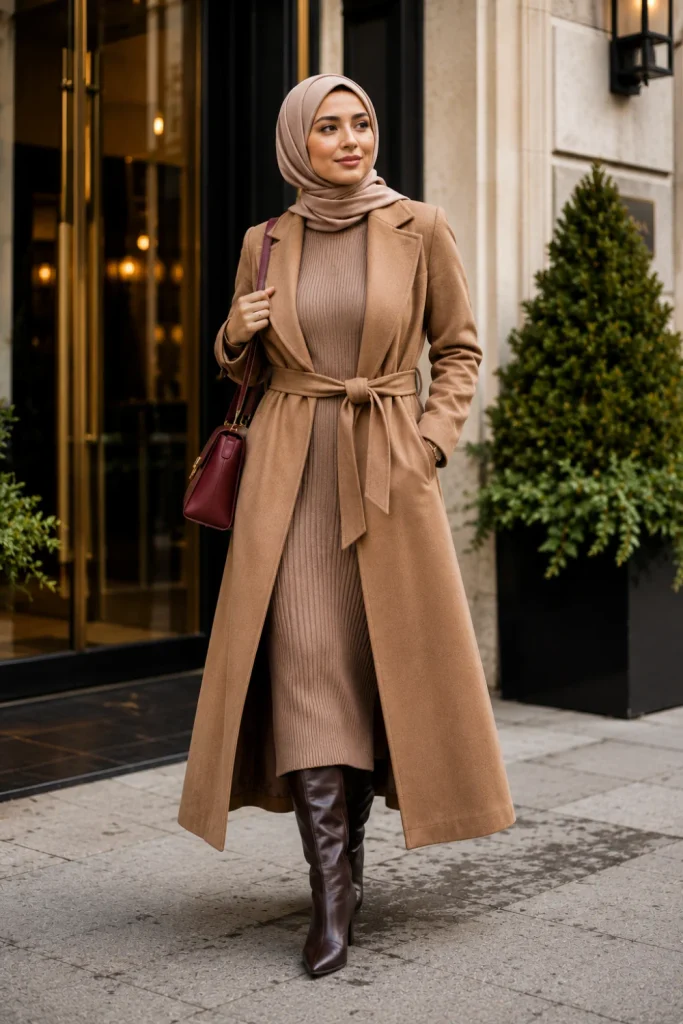 Modern Winter Outfits for Muslim Women: Modest Ideas with a belted camel coat, long knit dress, hijab, and knee-high boots.