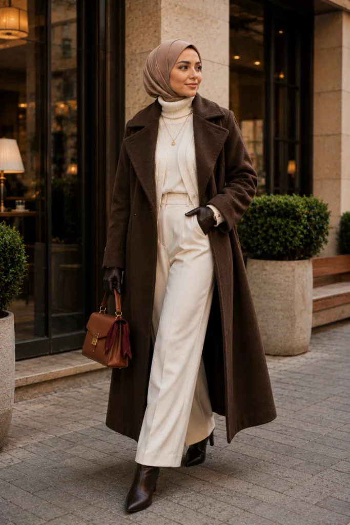 Modern Winter Outfits for Muslim Women: Modest Ideas with a chocolate brown coat, layered cream knitwear, wide-leg trousers, a hijab, and boots.