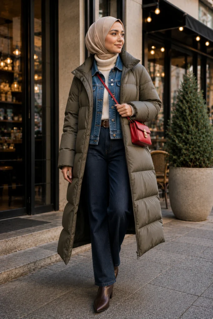 Modern Winter Outfits for Muslim Women: Modest Ideas featuring a denim jacket layered under a long puffer coat with straight-leg trousers, a hijab, and winter boots.