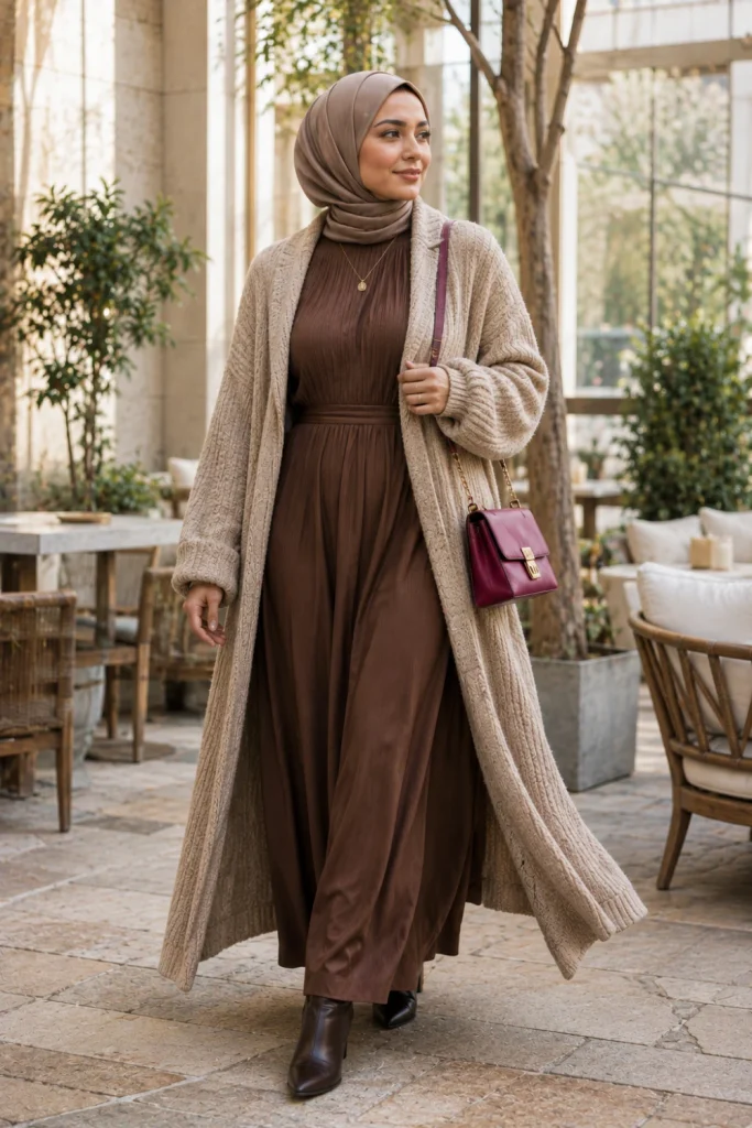 Modern Winter Outfits for Muslim Women: Modest Ideas featuring a long cardigan, flowing maxi dress, warm hijab, and stylish winter boots.