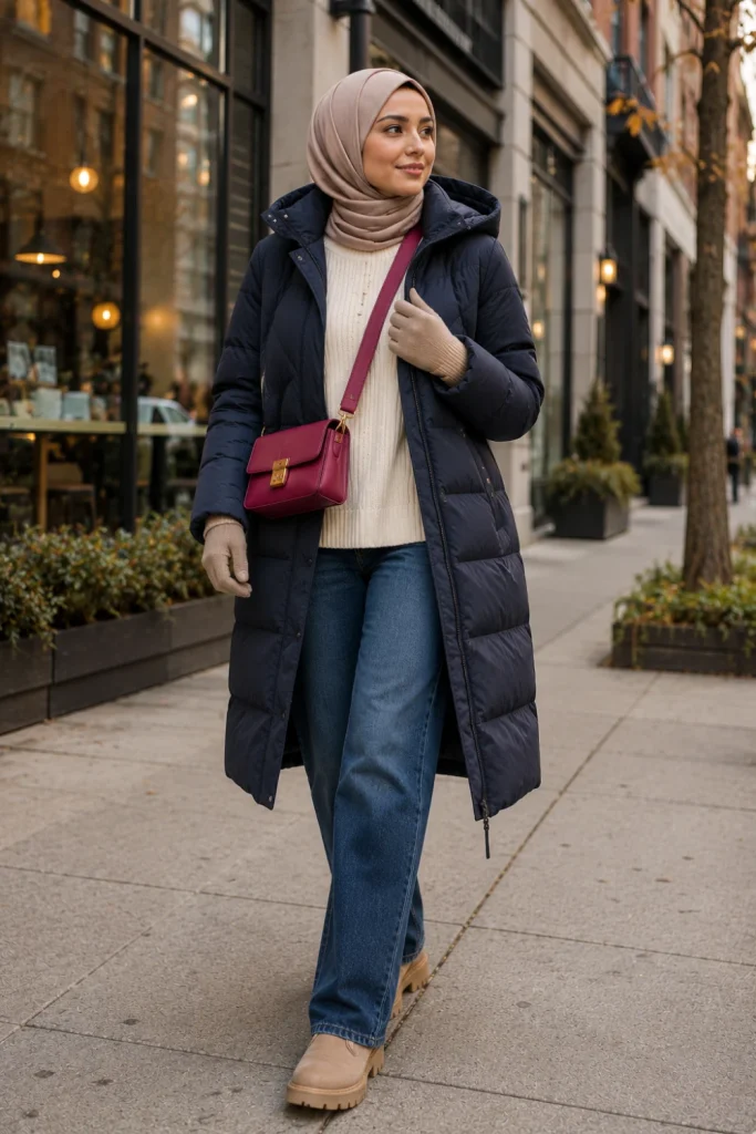 Modern Winter Outfits for Muslim Women: Modest Ideas with a long puffer coat, straight-leg jeans, chunky sweater, hijab, and winter boots.