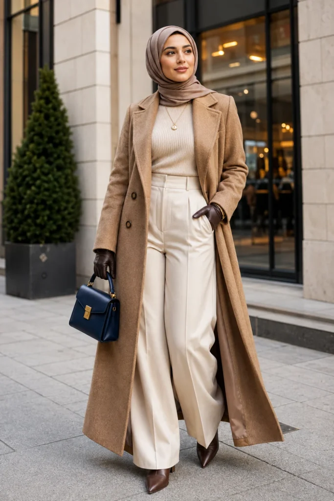 Modern Winter Outfits for Muslim Women: Modest Ideas featuring a camel long wool coat, wide-leg trousers, an elegant hijab, and chic winter accessories.