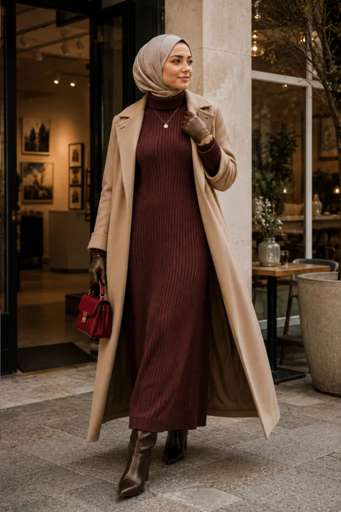 Modern Winter Outfits for Muslim Women: Modest Ideas featuring a ribbed maxi sweater dress, tall winter boots, a long coat, and a coordinating hijab.