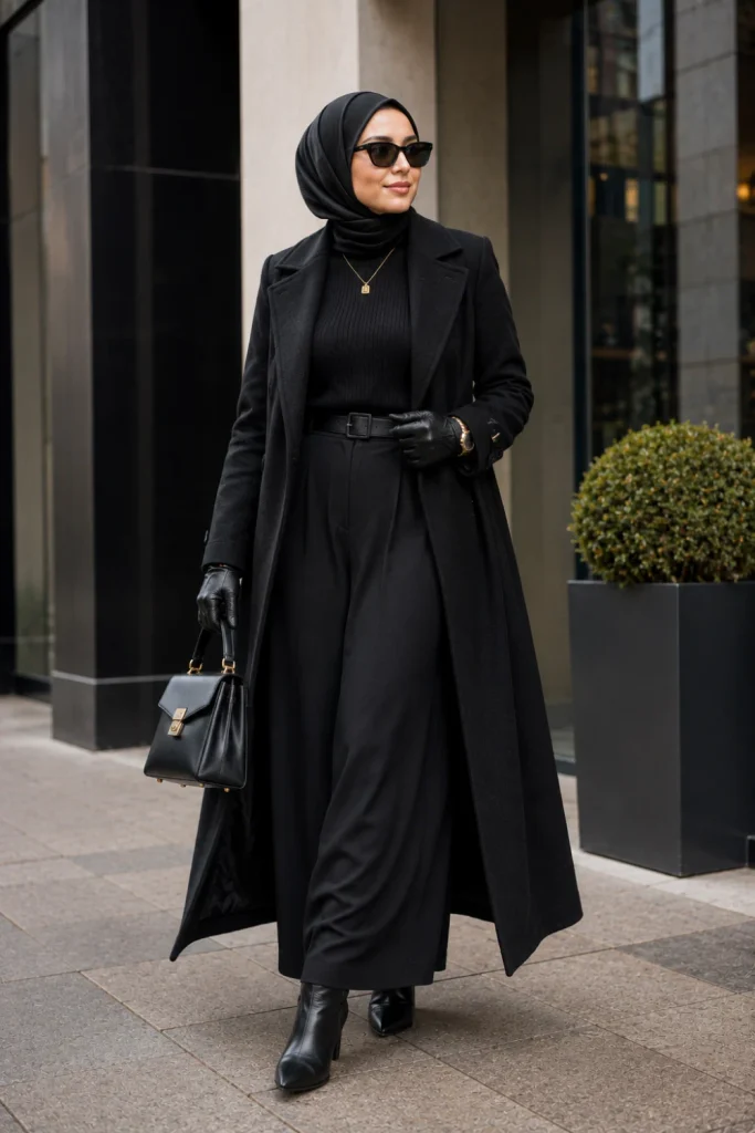 Modern Winter Outfits for Muslim Women: Modest Ideas featuring a sleek all-black winter outfit with tailored trousers, a long coat, a hijab, and leather accessories.