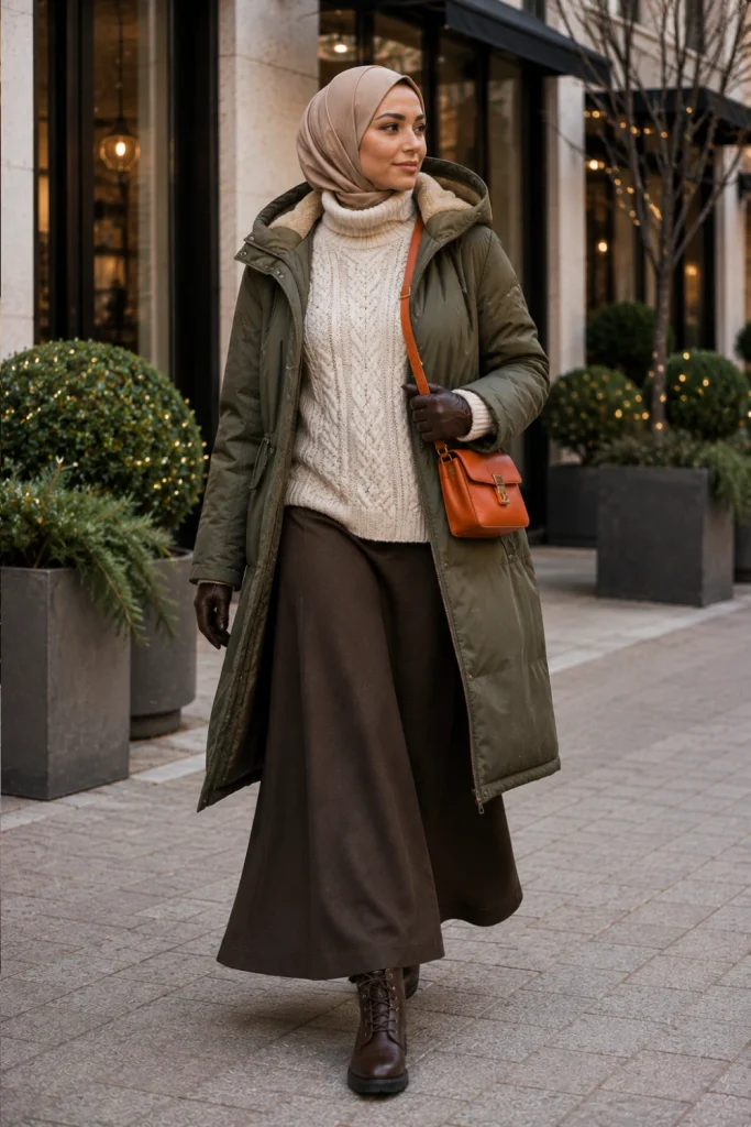 Modern Winter Outfits for Muslim Women: Modest Ideas featuring a long parka, chunky knit sweater, flowing maxi skirt, hijab, and insulated winter boots.
