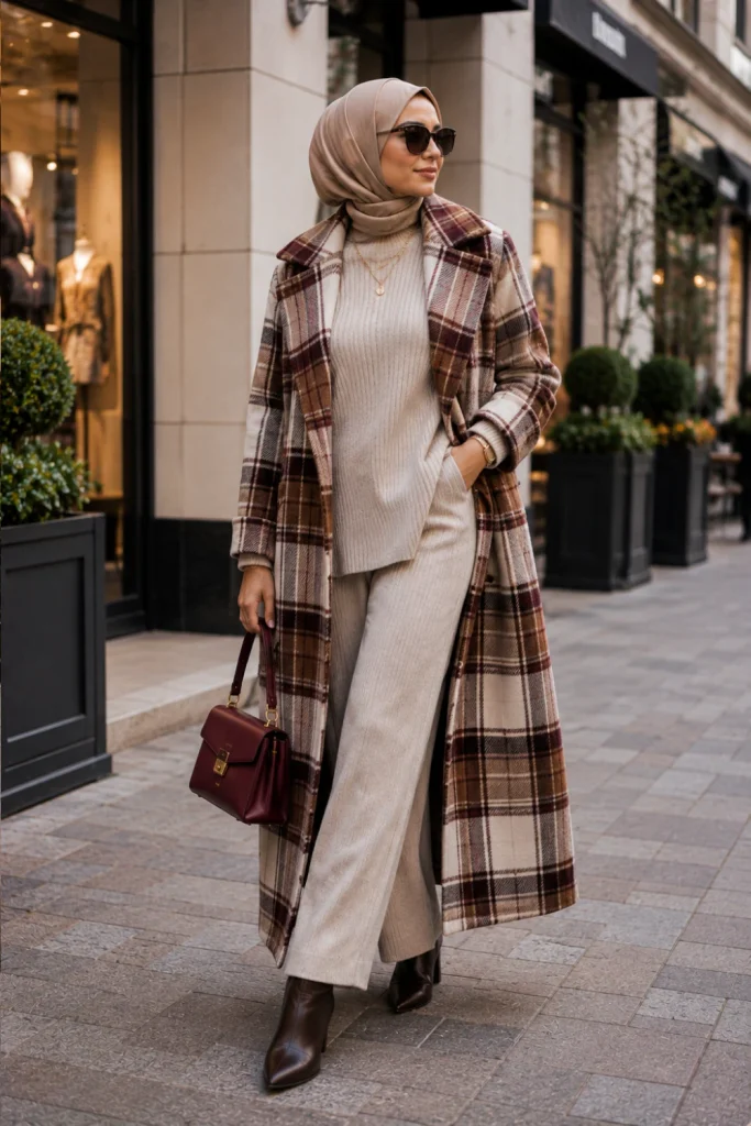 Modern Winter Outfits for Muslim Women: Modest Ideas featuring a sophisticated plaid coat, neutral knit set, hijab, ankle boots, and structured handbag.