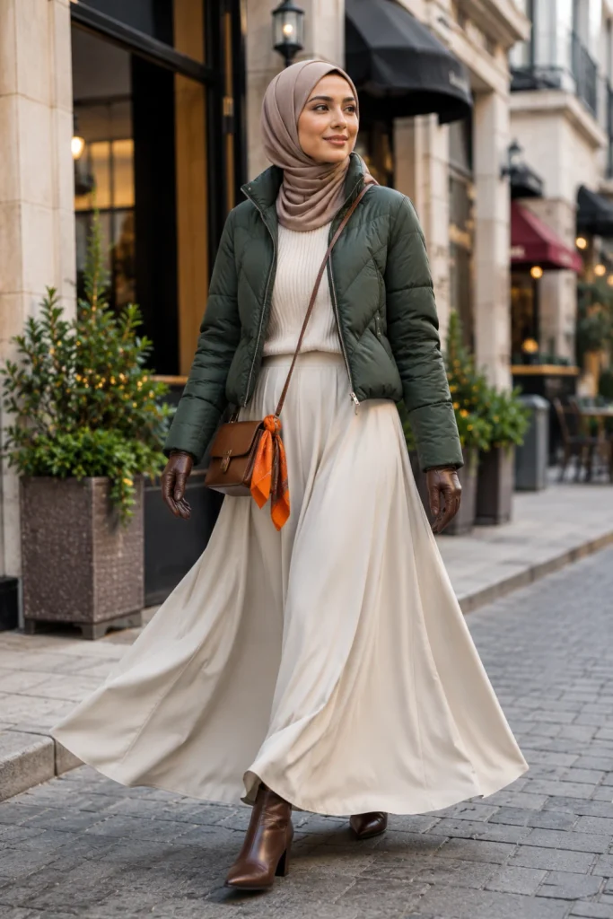 Modern Winter Outfits for Muslim Women: Modest Ideas featuring a quilted puffer jacket, flowing maxi skirt, cozy knit sweater, and stylish hijab.