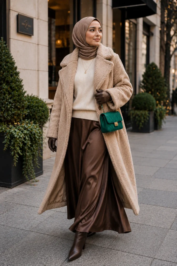 Modern Winter Outfits for Muslim Women: Modest Ideas with a plush teddy coat, satin maxi skirt, knit sweater, hijab, and ankle boots.